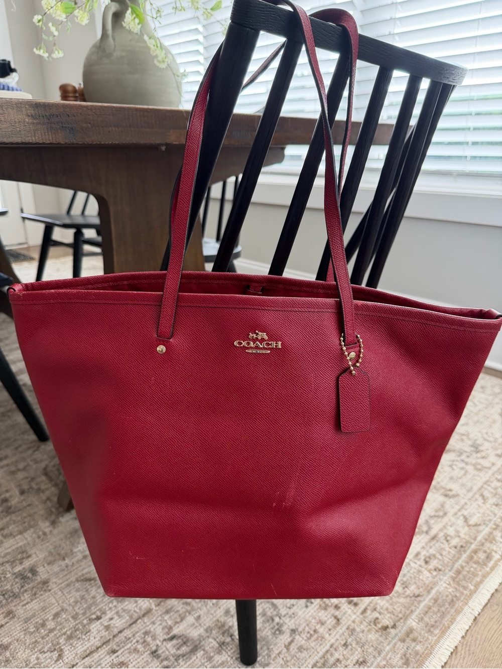 Coach Vintage Red Leather Tote with Gold Logo Accent